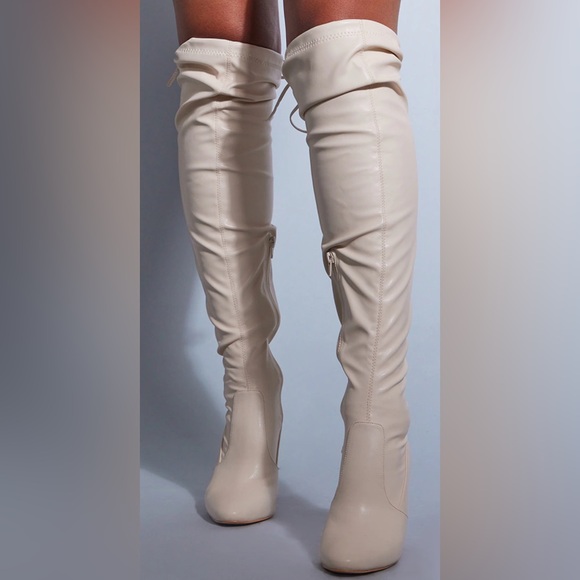 PrettyLittleThing Shoes - Pretty Little Thing Faux Leather Round Toe Block Heel Over the Knee Boots. NWT